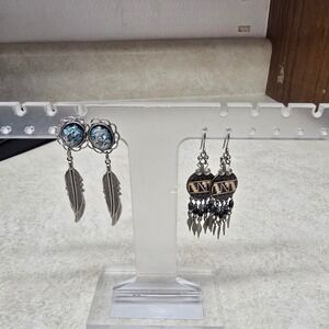 Southwestern Dangle Earring Set Blue Foil Feather Tribal Geometric Fringe 2 Pair